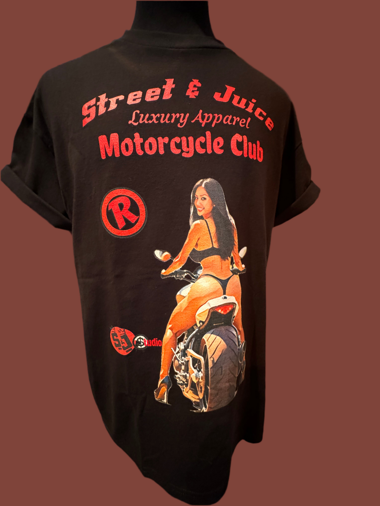 Street & Juice “Motorcycle Club” 100% Cotton Black Chest Logo T Shirt