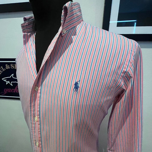 Ralph Lauren 100% Cotton Pink Blue Stripe Shirt Size 14 1/2 Small Button Down Collar