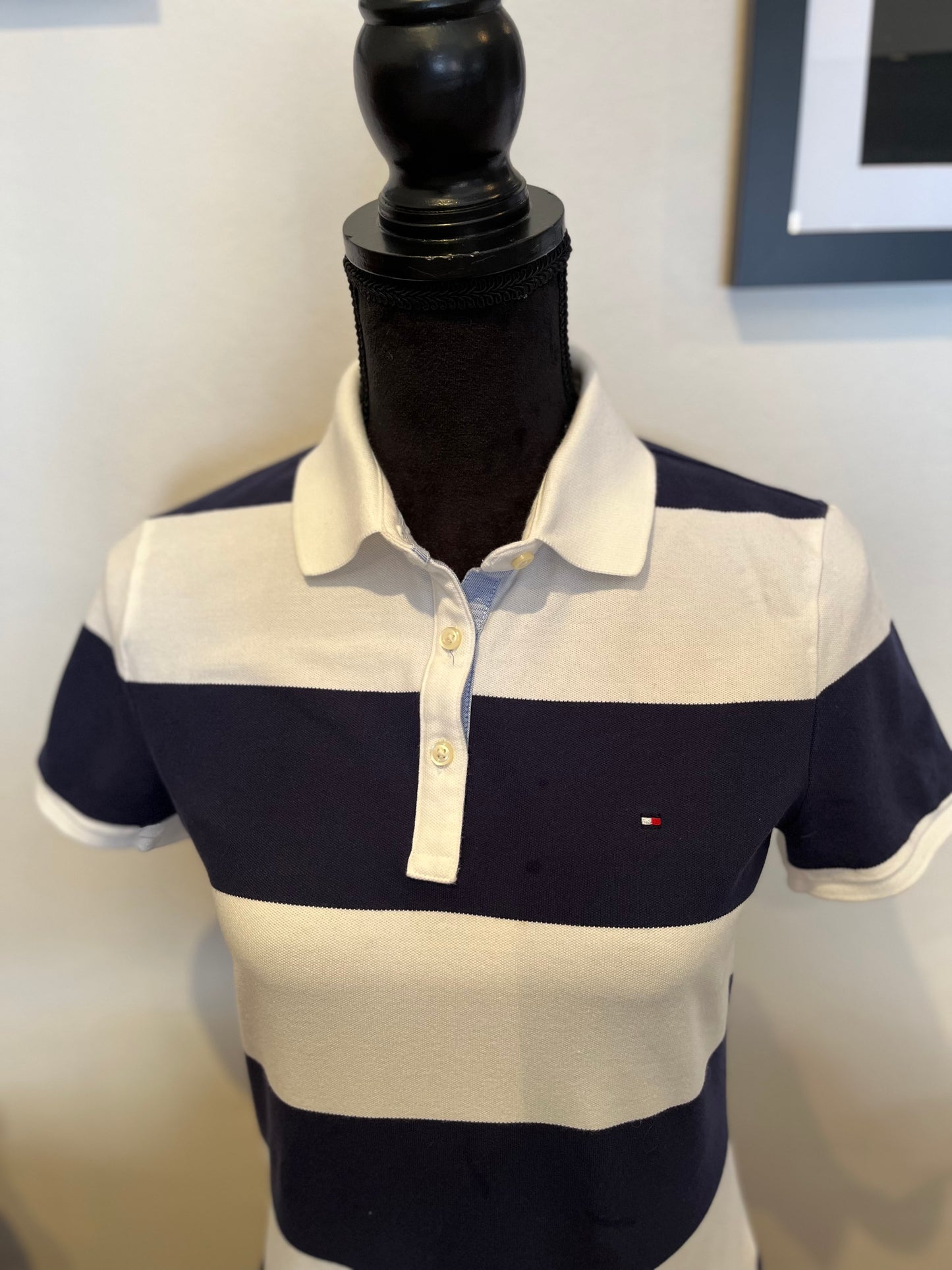 Tommy Hilfiger 100% Cotton Women’s Blue White Stripe Polo Shirt Size M