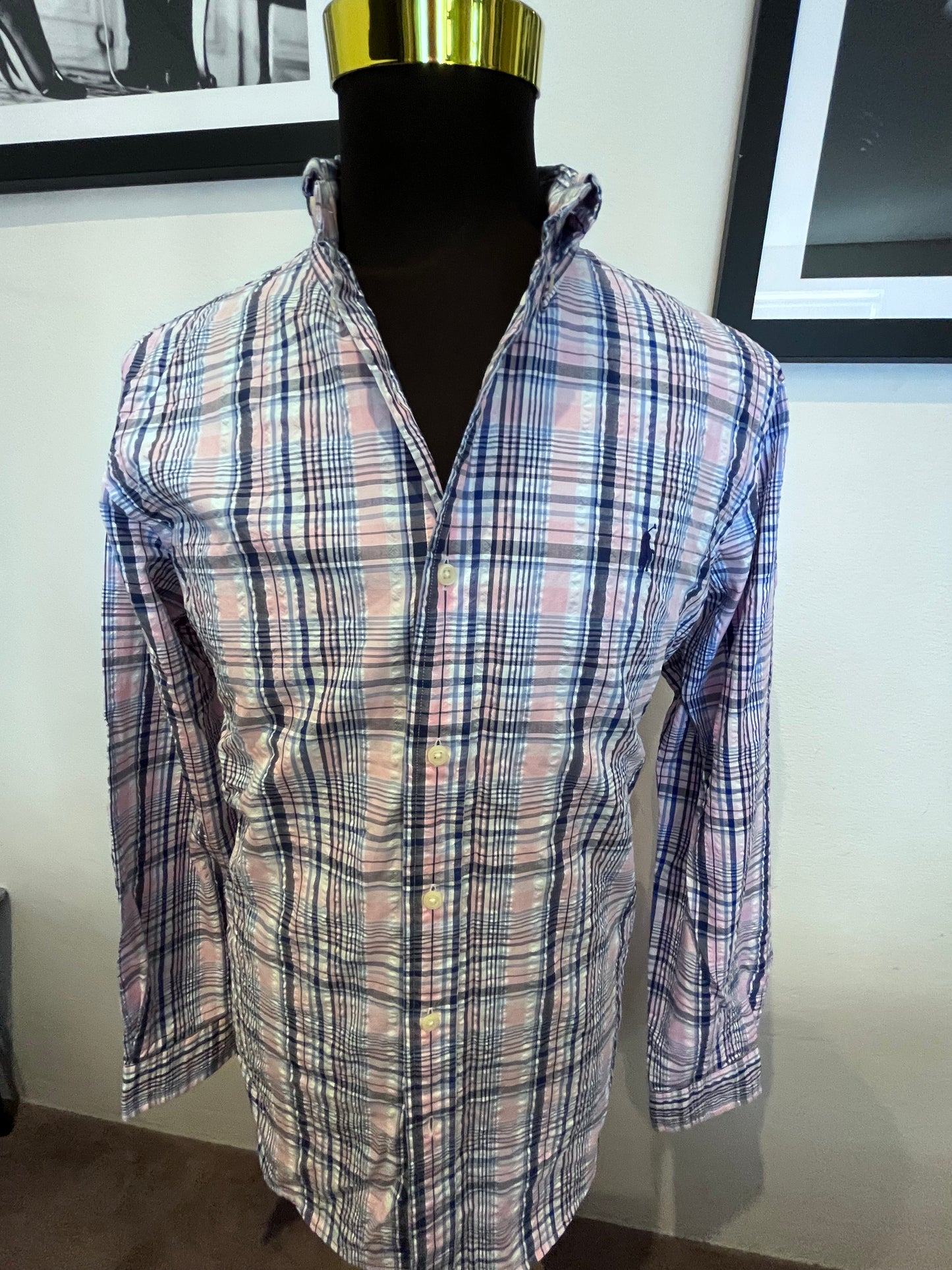 Ralph Lauren 100% Cotton Pink Blue Check Shirt Size L Classic Fit Button Down Collar