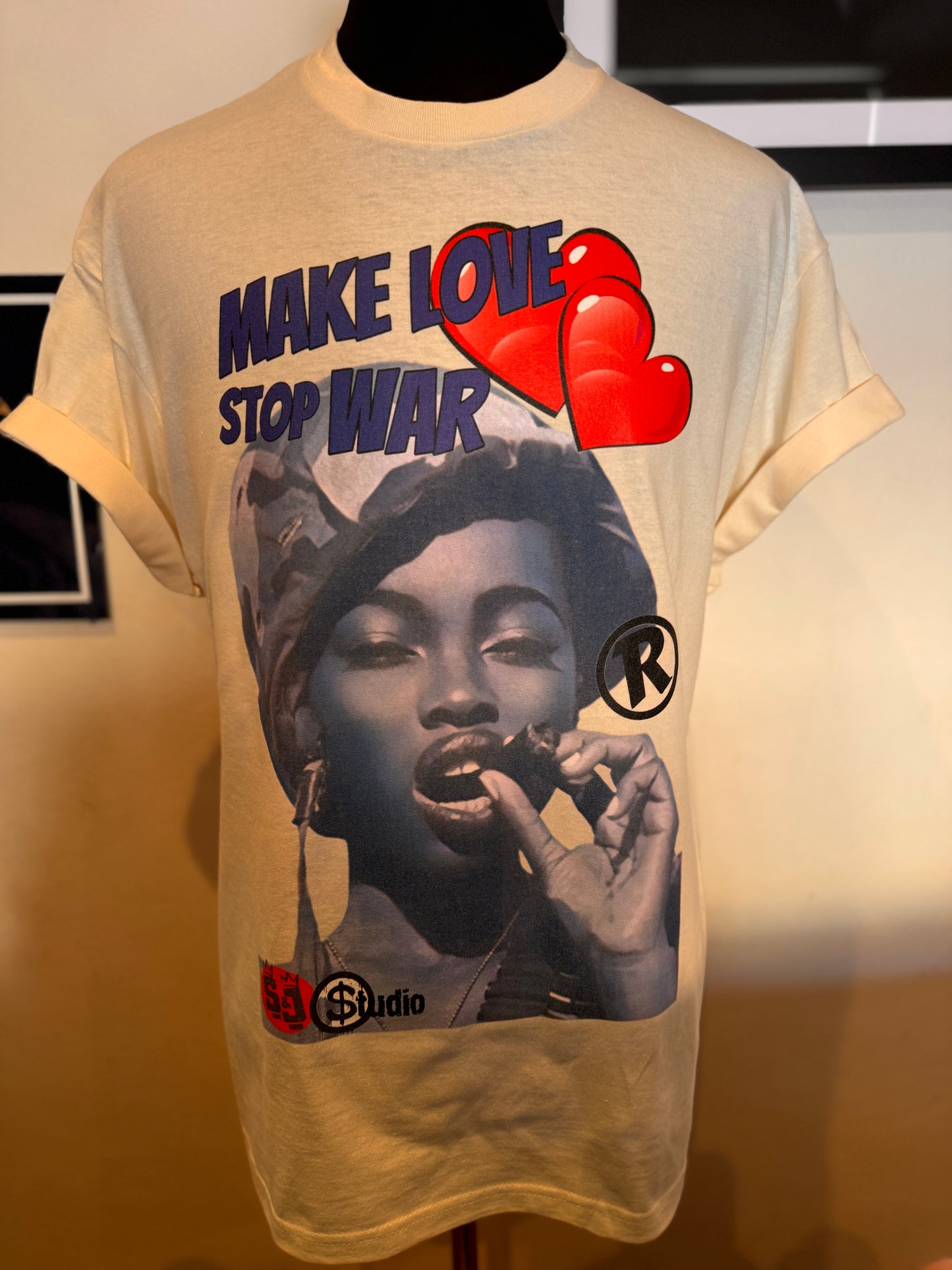 S&J “Make Love Stop War” 100% Cotton White Chest Logo T Shirt