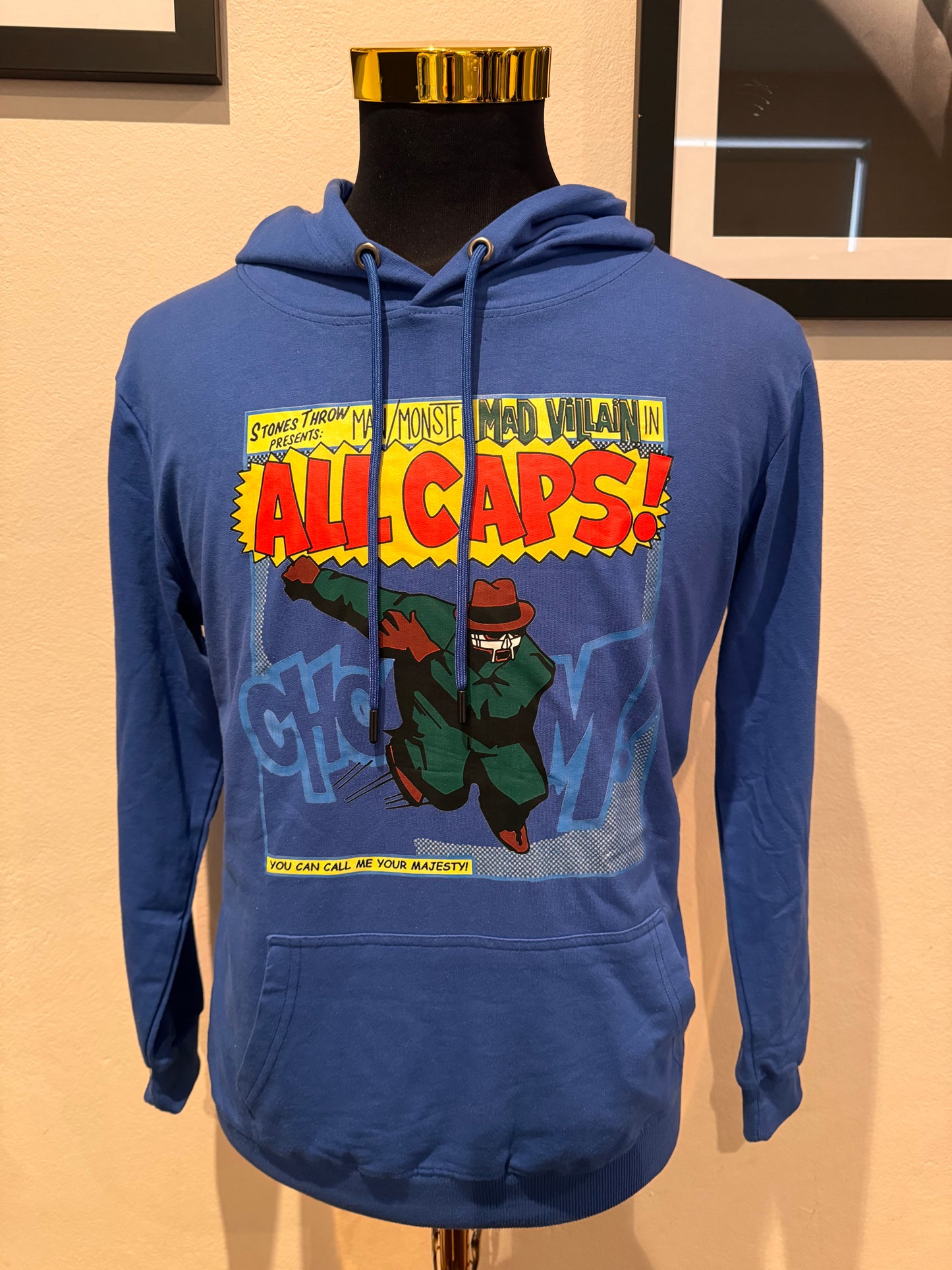 MF DOOM Mad Villain 100% Cotton Royal Blue ALL CAPS Chest Logo Hoodie Size Small Hoodies are super lightweight