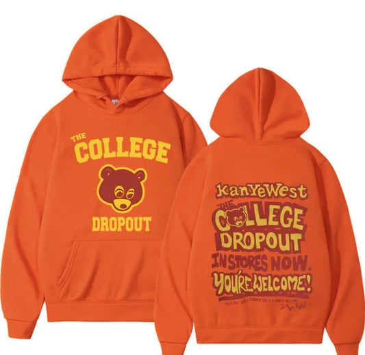 Kanye West 100% Fleece Orange Hoodie “The College Drop Out” Chest & Back Logo Print