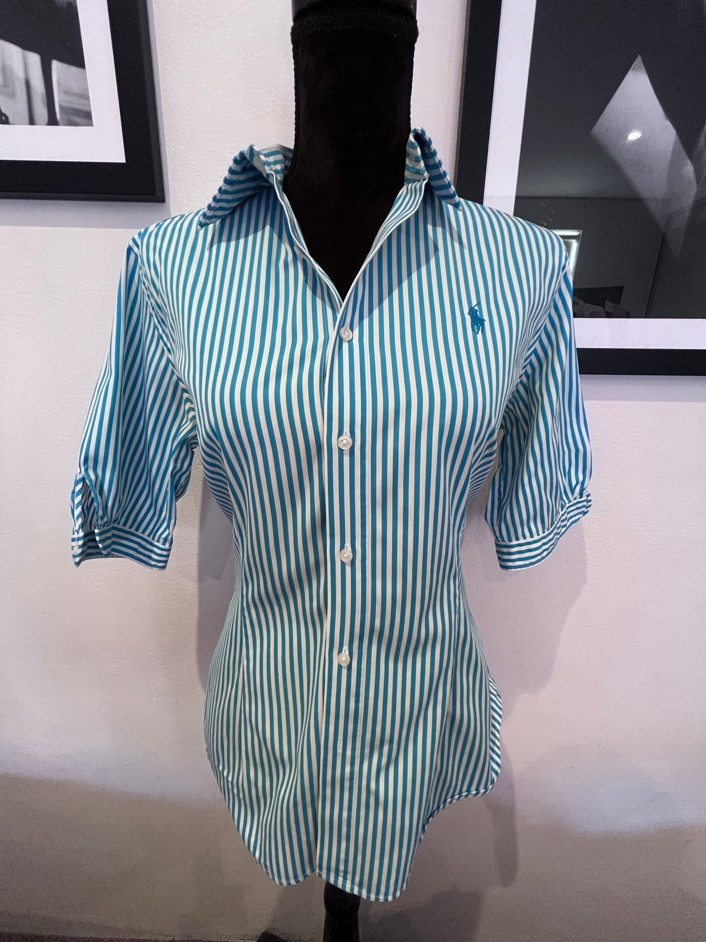 Ralph Lauren Women’s 100% Cotton Blue White Stripe Shirt Slim Fit Size 12