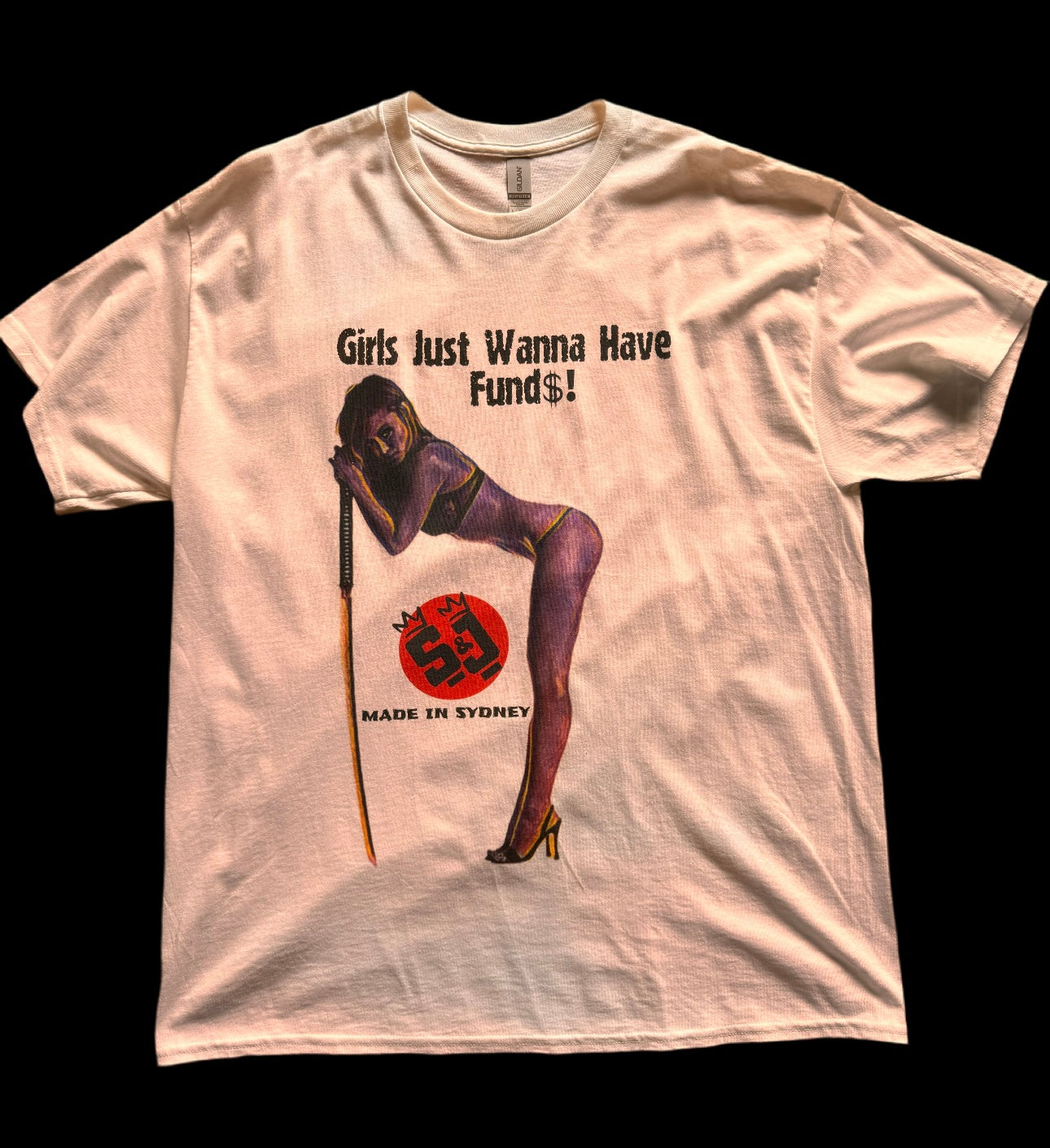 S&J “Girls Just Wanna Have Funds” 100% Cotton White Chest Logo T Shirt