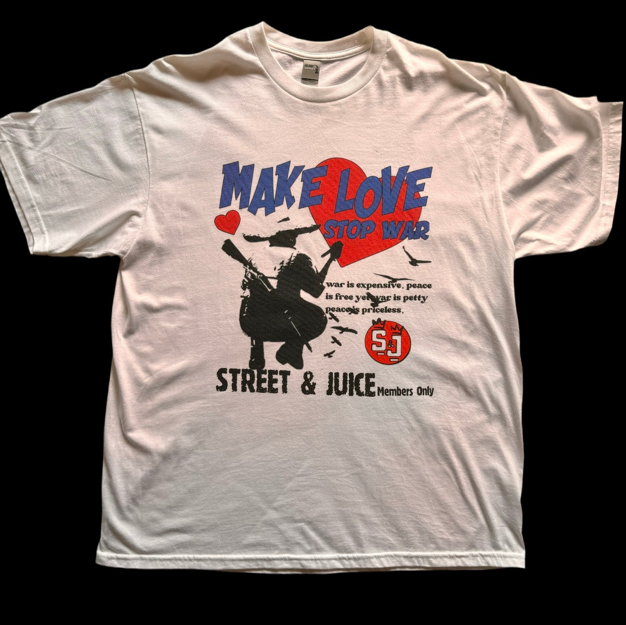 S&J “Make Love Stop War” 100% Cotton White Chest Logo T Shirt