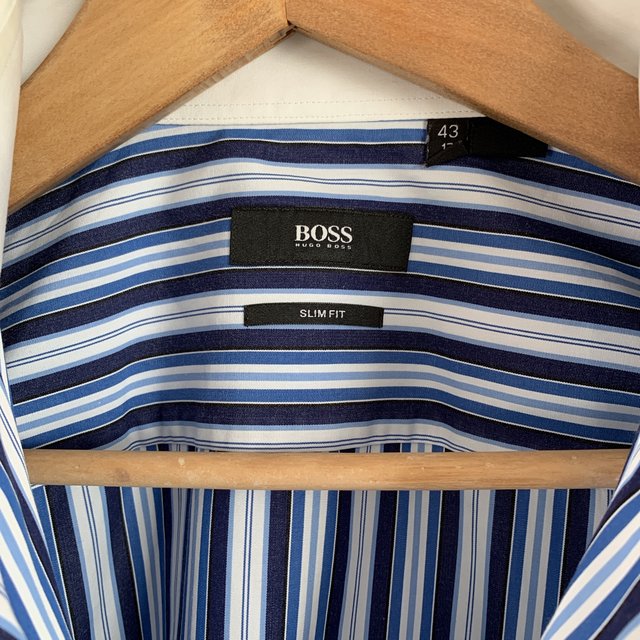 Hugo boss blue cheap and white striped shirt