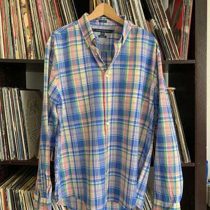 Tommy Hilfiger Custom Fit Cotton / Linen Mix Pink Blue Check Shirt Size XL