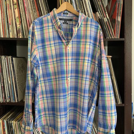 Tommy Hilfiger Custom Fit Cotton / Linen Mix Pink Blue Check Shirt Size XL