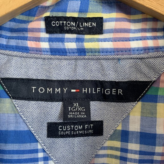 Tommy Hilfiger Custom Fit Cotton / Linen Mix Pink Blue Check Shirt Size XL